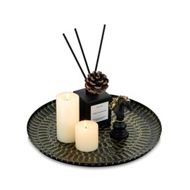 Romadedi Round Decorative Candle Tray - 11.8 Inch Vintage Hammered Metal Trays with Distressed Black Gold Finish Circle Candle Plate for Coffee Table Kitchen Counter Organizer Home Decor