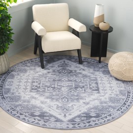 SAFAVIEH Washable Rug Tucson Collection - 6' Round, Grey & Light Grey, Slip Resistant & Easy to Clean, Ideal for Living Room, Bedroom, Dining Space (TSN116F)