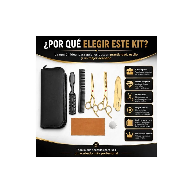 Tijeras Doradas De Barberia Y Kit 8 Pzas Cortar Cabello