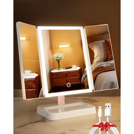 Vanity Mirror with Lights, Makeup Mirror 1X, 2X, 3X Magnification, Trifold 9" L x 14" W, Large Vanity Desk Mirror，Valentine‘s Gift for Wife, Mom, Her - Gift for Girlfriend, Women & Teens