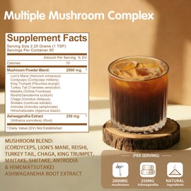Balincer Mushroom Powder Supplement with 10 Mushrooms and Ashwagandha - Support Immunity, Gut Health & Stress Relief, 6.35 oz (80 Servings)