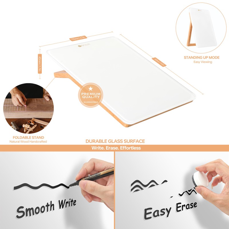 Desktop Glass Whiteboard with Reversible Wood Stand, Small White Board,