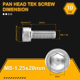 DTGN M8-1.25x20 Socket Head Cap Screws Bolts - 10Pack - Good for Road Bicycle, Mountain Bike, Auto, Motorcycle - 304 Stainless Steel Hex Head Metric Screws - Silver