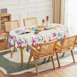Horaldaily Birthday Tablecloth 60x84 Inch Oval, Happy Birthday Ballon White Washable Seasonal Table Cover for Party Picnic Dinner Decor
