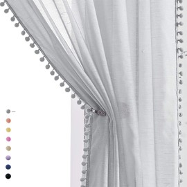 Pom Pom Grey Sheer Curtains for Girls Bedroom 54 Inch Decorative Light Filtering Linen Textured Voile Curtain Panels Boho Living Room Privacy Protect Protect Pencil Pleat Semi Sheer Drapes 52" W 2pcs