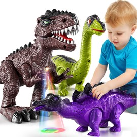 MSKOLER 3 Pack Electric Walking Dinosaur Toys for Toddlers 2-4 3-5 Years with Roar Sounds and Lights Up, Realistic Robot Tyrannosaurus, Brachiosaurus, Stegosaurus Dinosaur Figures for Kids