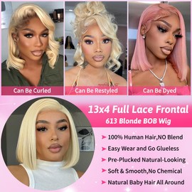LAKASTATR 613 Bob Wig Human Hair 13X4 Lace Front Bob Wig Human Hair Straight Blonde Bob Wig Human Hair Pre Plucked With Baby Hair 200% Density 100% Real Human Hair For Women 14 Inch