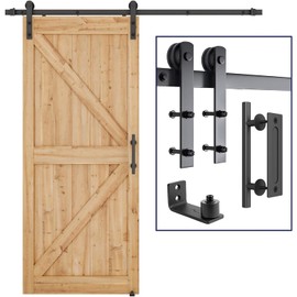 SMARTSTANDARD 6.8 FT Heavy Duty Sturdy Sliding Barn Door Hardware Kit, Black, (Whole Set Includes 1x Pull Handle Set & 1x Floor Guide) Fit 36"-40" Wide Door Panel (I Shape Hanger)