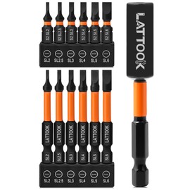 13-Pieces Impact Slotted Bit Set, LATTOOK 1/4'' Hex Shank Slotted Screwdriver Bit Set Flat Head Bits, Magnetic S2 Steel, 2.3'' & 1'' Long, SL2, SL2.5, SL3, SL4, SL5, SL6