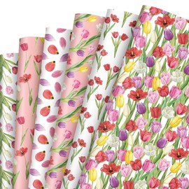 JarThenaAMCS 12 Sheets Tulip Floral Wrapping Paper - Not Roll - Watercolor Summer Flower Gift Wrap Paper Folded Flat Colorful DIY Craft Art Paper for Wedding Birthday Baby Shower Party Supplies