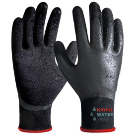 KAYGO Waterproof Work Gloves for Men and Women with Double Latex Coated, Non-Slip Super Grip for Gardening Car Washing Fish Cleaning (Black, S, 1 Pairs)