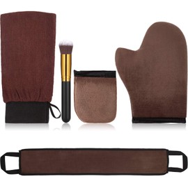 Boao 5 Pieces Self Tanning Mitt Applicator Kit, Includes Tanning Mitt, Exfoliating Glove, Mini Face Glove, Back Lotion Applicator, and Large Brush Makeup(Brown)