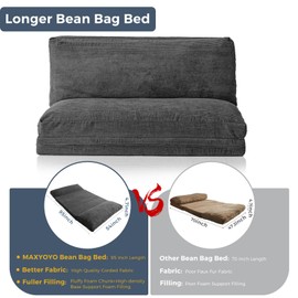 MAXYOYO Bean Bag Bed Folding Sofa Bed Floor Mattress for Adults, Extra Thick and Long Floor Sofa with Corded Washable Cover, Dark Grey, 54x95 Inch