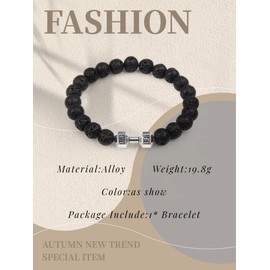 GAUEIOUR Black Dumbbell Bracelet for Men,Volcanic Lava Stone Adjustable Natural Stone Beads Bracelet,Fitness Alloy Barbell Charm Jewelry Gifts for Men