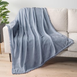 PAVILIA Fleece Throw Blanket for Couch with Pom Pom Fringe, Light Blue Dusty, Soft Cozy Fuzzy Flannel Blanket for Sofa Bed, Large Lightweight Plush All Season Throw, 60x80 Inches