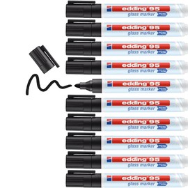 edding 95 glass marker - black - 10 glass pens - round nib 1.5-3 mm - washable window marker pen - for writing and marking on glass surfaces, windows, glassboards, whiteboards - dry-wipeable