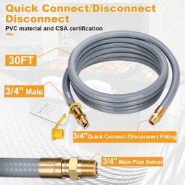 30FT 3/4" ID Natural Gas Hose with Quick Connect 3/4" ID Natural Gas Hose with Quick Connect Fittings for NG/LP Propane Appliances, Grill,Patio Heaters,Generators, Indoors & Outdoors