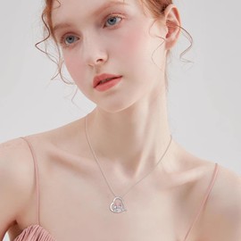 AINFQY Bunny Necklace for Women 925 Sterling Silver Heart Pink Opal Pendant Jewelry Gift for Rabbit Lovers