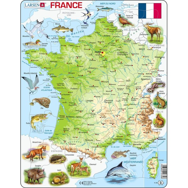 Larsen K49 Carte Physique France, édition Français, Puzzle Cadre avec de 60 pièces