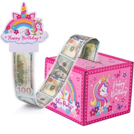 Meiidoshine Birthday Money Box for Cash Gift Pull, Pink Surprise Money Gift Boxes for Girls, Money Roll Box with 100Pcs Transparent Bags, A Fun and Loving Way to Gift Cash for Birthdays