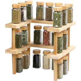 QUEENKAY Expandable 2 Tiered Spice Rack Organizer for Cabinet Bamboo Seasoning Organization for Kitchen Cupboard Pantry