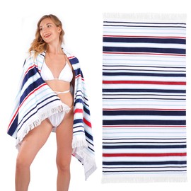 LINENOVA 100% Cotton Beach Towel -86x163cm Sand Free Beach Blanket Soft and Absorbent Towels for Swimming, Sports, Beach, Gym, Travel ((Nautical Stripe