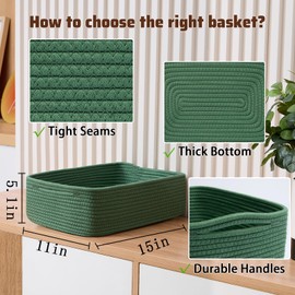 MiniArk Large Shallow Organizing Baskets 15x11x5.1 Inches - Rope Woven Storage Bins for Bathroom, Shelves, Cube Closet, Green 2 Packs