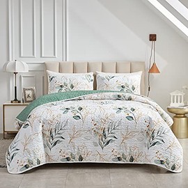 Joyreap 2 Pieces Microfiber Quilt Set, Botanical Green Leaves on White Reversible Design, Bedspread Bed Cover for All Season, 1 Quilt and 1 Pillow Sham (Twin, 68x86 inches)