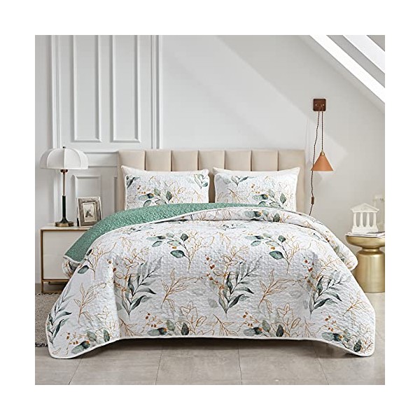 Joyreap 2 Pieces Microfiber Quilt Set, Botanical Green Leaves on