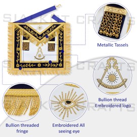 SialkotCrafts Masonic Apron-Embroidered Past Master Apron Royal Blue With Gold Fringe