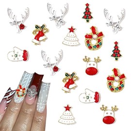 Mkwntg Christmas Nail Charms 3D Alloy Metallic Christmas Trees Bell Nail Gems Cute Elk Gloves with Rhinestones Diamond Designs Nail Art Supplies for Women Girls DIY Manicure Nail Art Decorations 16Pcs