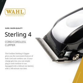Wahl Professional Cordless Sterling 4 Clipper, Lithium-Ion, 100-Minute Run Time, Taper Lever, 8 Cutting Guides