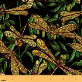 Feelyou Dragonfly Upholstery Fabric by The Yard, Ornamental Dragonfly Printed Reupholstery Fabric for Chairs, Leaves Branches Nature Vibes Decorative Waterproof Outdoor Fabric, 1 Yard, Dark Green