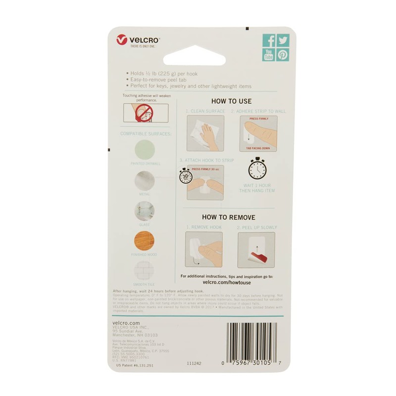 VELCRO Brand - VEL-30105-USA HANGables Removable Wall Hooks | Easy-to-Remove
