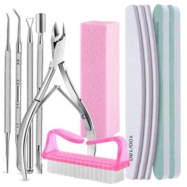 Kit 12pzs Manicure y Limas para Uñas Profesional,Incluir 5 Manicura de Acero Inoxidable+5 Limas De Uñas+1 Cepillo Limpiar+1 Bloque de Pulido,Uso Profesional y Doméstico,para Cuidado de Las Uñas