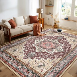 BESTSWEETIE Area Rugs 8x10 for Living Room, Washable Rugs 8x10, Ultra Soft Boho Rugs Non Slip Carpet, Low Pile Doormat Vintage Rug for Dining Room Bedroom Indoor-Wine/Natural/Red/Black