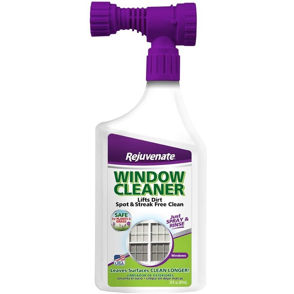 Rejuvenate High Performance Outdoor Window Spray and Rinse Cleaner with Hose End Adapter Instantly Removes Grime and Dirt Streak-Free Shine (32 oz)
