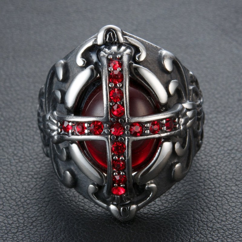JIPSJICI Mens Stainless Steel Vintage Ruby Stone Cross Ring Silver