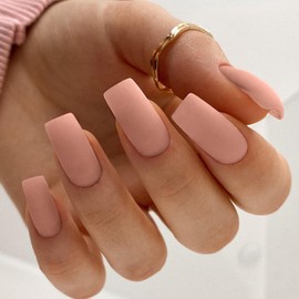 SXVME Long Press on Nails Square, Matte Pastel Peach Pink False Nails Medium Long Coffin, Acrylic Fake Nails Press on, Solid Soft Gel Stick on Nail for Women Fall Winter, 24 Pcs