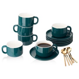 CHILDIKE Porcelain Coffee Cups and Saucers Set of 6 Dark Green, 8 Ounce Coffee Cup for Cappuccino, Latte, Cafe Mocha,Espresso
