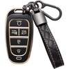 Costusn for Hyundai Key Fob Cover with Leather Keychain Soft TPU Full Protection Key Case Shell Holder Compatible with 2024 2023 2022 2021 Sonata Santa fe Tucson 5 Button, A-Black