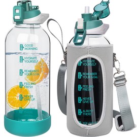 Seekua 64 oz Large Sports Glass Water Bottle with Straw & Time Marker, Motivational Half Gallon Daily Glass Drinking Bottle with Strap for Fruit Infused Water, Smoothie, Coffee