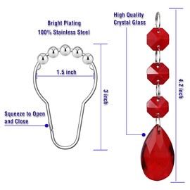 Yapicoco Shower Curtain Hooks Rings for Bathroom, 12PCS Gemstone Crystal Bead Water Drop Stainless Steel Rust Resistant Clear Shower Curtain Rings (Red)