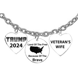 Trump 2024 Stars And Stripes Silvertone Heart, Land Of The Free Because Of The Brave, Veteran Wife Heart On A Adjustable Cable Chain Necklace, What A Great Gift For Yourself, Or Someone Special