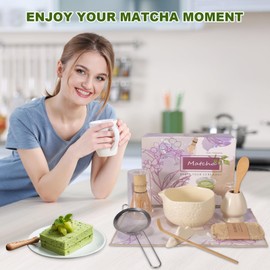 9 Pieces Matcha Tea Set with Whisk and Bowl, Matcha Set Beige, Matcha Tea Set Whisk Starter Kit, Ceramic Matcha Bowl with Spout and Loofah (White)