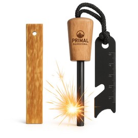 Primal Survival Kits: Flint and Steel Fire Starter - Ferrocerium XL 10mm Rod - Light Over 15,000 Fires - Firelighter Included - Survival Equipment for Camping, Bushcraft (Pine Wood)