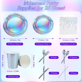 200 Pcs Iridescent Party Supplies Decorations, Disposable Rainbow Paper Plates Cups and Napkins Set with Knives Spoons Fork Straw for Mermaid Birthday Wedding Party, Serve 25