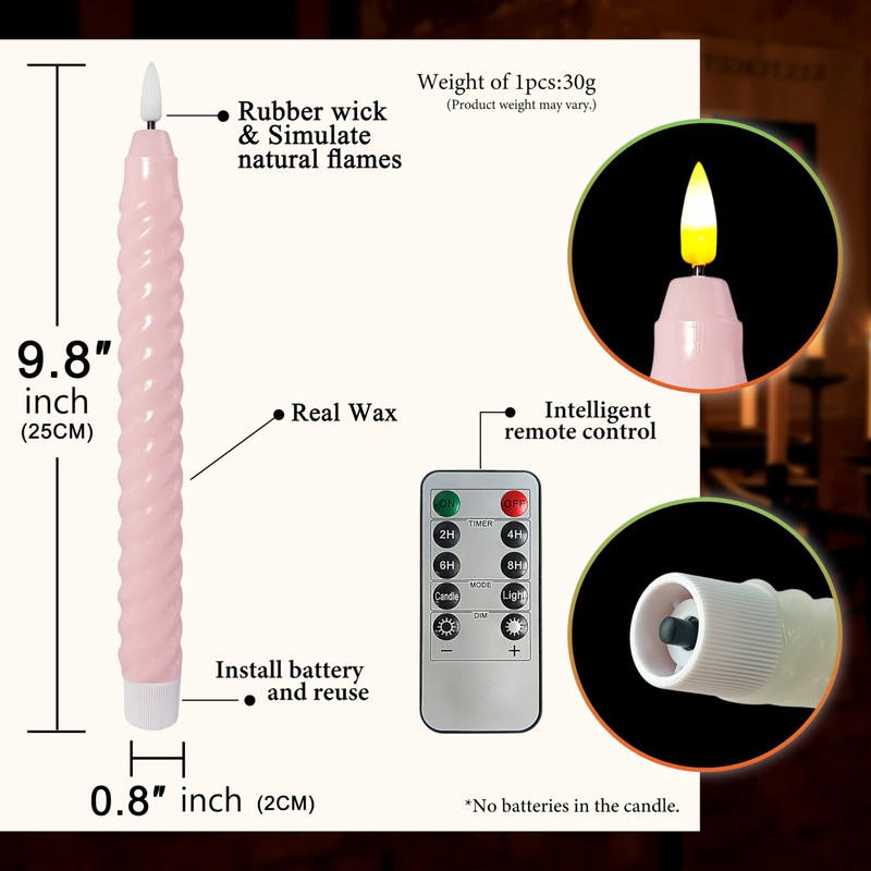 FCMSHAMD Pink Spiral Flameless Taper Candles, 9.8 Inch Flickering Candles