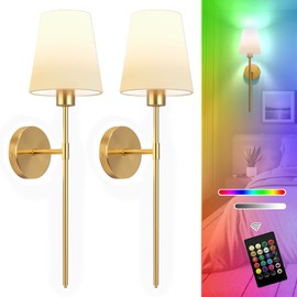 Battery Operated Wall Sconces Set of Two, Gold Wireless Wall Lights with 5200mAh Dimmable Bulbs and Remote, 12 Color Rechargeable Wall Sconce for Bedroom Living Room Hallway, 24 Inch