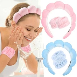 2 Pack Spa Headbands for Washing Face, Non Slip Makeup Headband and Wristband Set, Puffy Terry Cloth Face Wash Headband Hair Accessories for Women Girl